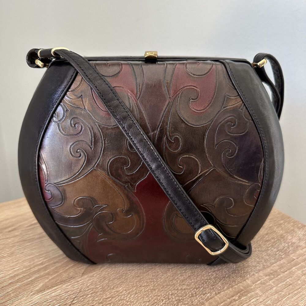 Vintage Tooled Leather Shoulder Bag Handbag Tooled Scroll Embossed Whimsigoth